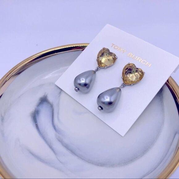 NWOT Tory Burch Silver Citrine Crystal Gray Pearl Dangle Stud Earrings - Picture 7 of 10